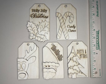 Unfinished Christmas Wood Gift Tags or Ornaments - Candy Cane, Santa, Reindeer, Tree, Holly