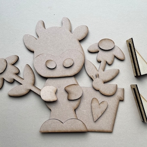 Kit en bois MDF non fini avec pot de fleur et abeille Happy Cow