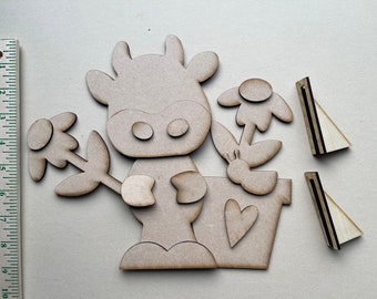Happy Cow Unfinished MDF Wood Kit with Flower Pot and Bee