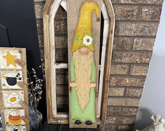 Green, Yellow and Taupe Hand Painted Gnome on a Rustic Board Sign