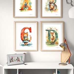 Letras do alfabeto de A a Z, letras de animais fofos, estilo aquarela, arte de parede impressa, decoração de parede, quarto infantil, presente de aniversário, safari, berçário, decoração de parede