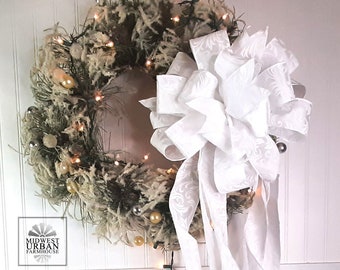 White Tree Topper|Flocked White Scroll Bow Topper|Elegant Christmas Tree Topper|White Wedding Bow|Classy White Bow Topper|White Lantern Bow
