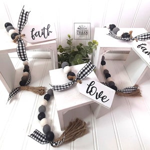 Farmhouse Wood Bead Garland|Tiered Tray Decor|Wood Bead Garland With Tassels|Rustic Farmhouse|Choice of One Garland, Faith, Love, or Family