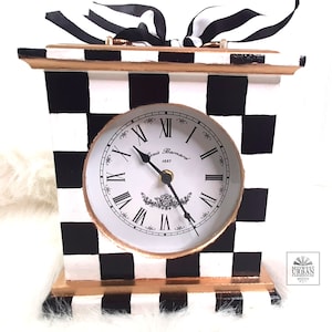 Black and White Check Table Clock|Hand Painted Table Clock|Gold & Black Clock|Black and White Check Clock|Tabletop Clock|Black and Gold