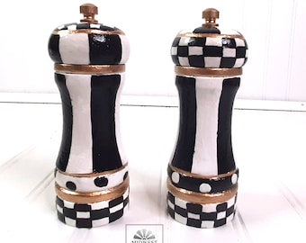 Black & White Salt Pepper Mill Set|Handpainted Black and White Check|Black and White Checks Salt and Pepper Mill Set|