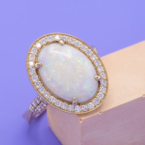 Natural Oval Cut Opal & Diamond Ring | 14K Rose Gold Opal Engagement Ring | Opal Wedding Ring | October Birthstone | Anniversary Gift Wife