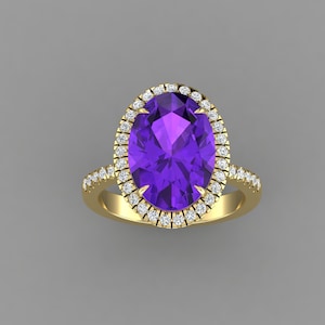 5.5Ct Natural Oval Shape Amethyst Engagement Ring | 14K Yellow Gold Amethyst & Diamond Ring | Diamond Halo Ring | February Birthstone