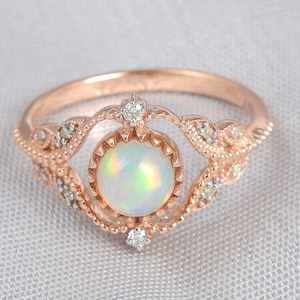 Natural Round Cut Opal Ring | Opal Engagement Ring | 14K Rose Gold Opal & Diamond Ring | Vintage Opal Ring | Anniversary Ring | Promise Ring