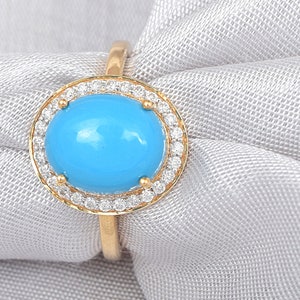Natural Oval Shape Turquoise Ring | 14K Rose Gold Turquoise Engagement Ring | Turquoise & Diamond Ring | Anniversary Ring | Promise Ring