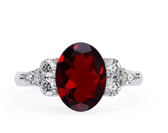 Natural Red Garnet & Diamond Ring | 14K White Gold Garnet Engagement Ring | Unique Garnet Ring | Garnet Wedding Rings | January Birthstone