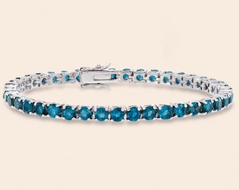 Natural Round Shape London Blue Topaz Bracelet | Blue Topaz Tennis Bracelet | 14K Solid White Gold Blue Topaz Bracelet | Handmade Bracelet