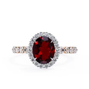 Bague de fiançailles naturelle grenat rouge ovale | Bague grenat en or blanc 14 carats | Bague halo de diamants et grenats | Pierre de naissance de janvier | Bagues de promesse