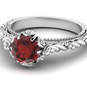 Vintage Natural Red Garnet Engagement Ring | 14K White Gold Garnet Ring | Unique Garnet Rings |  January Birthstone | January Birthstone