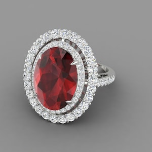 Natural Red Garnet & Diamond Halo Ring | 14K White Gold Garnet Engagement Ring | Garnet Wedding Ring | January Birthstone | Anniversary Gift