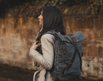 Roll Top Backpack Wax Canvas & Leather | Womens Rolltop Satchel Rucksack Bag | Vintage Rustic Heritage Bags for Men Women | OLDFIELD