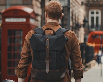 Backpack Wax Cotton Canvas & Leather Black Top Load Flap Hood Daypack Rucksack Bag | Vintage Rustic Heritage Bags for Men Women | OLDFIELD