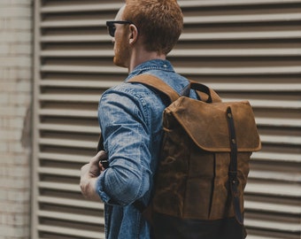 Waxed Canvas & Leather Backpack | Brown Weatherproof Oilskin Daypack Rucksack Bag | Vintage Rustic Heritage Bags for Men Women | OLDFIELD