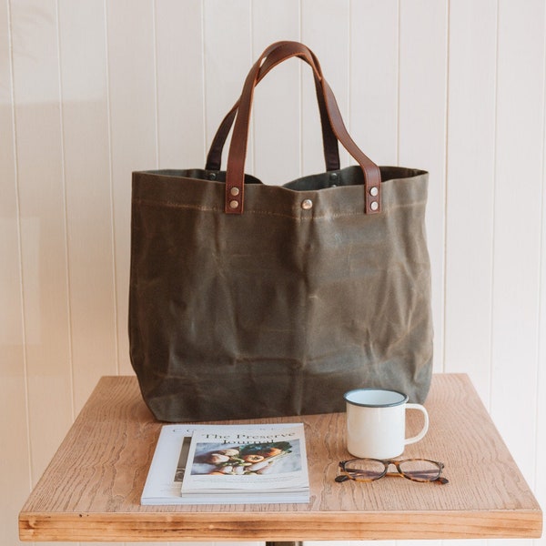 Tote Bag aus Leder und gewachstem Canvas | Damen Herren | Grüne Wiederverwendbare Einkaufstasche Schulter Handtasche | Vintage Rustikale Erben Damen Herren | ALTFELD