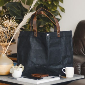 Tote Bag Leather and Waxed Canvas | Women Men | Black Reusable Shopping Shoulder Handbag | Vintage Rustic Heritage Ladies Gents | OLDFIELD
