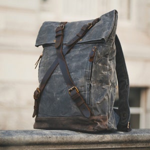 Backpack Waxed Cotton Canvas & Leather | Grey Roll Top Daypack Rolltop Rucksack Bag | Vintage Rustic Heritage Bags for Men Women | OLDFIELD
