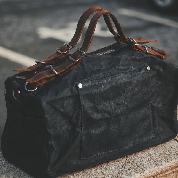 Waxed Canvas & Leather Duffle Bag Weekender | Men Women Holdall Black Overnight Gym Travel Vintage Bags Gents Ladies | OLDFIELD