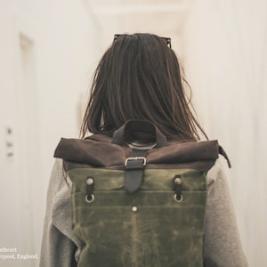 Roll Top Backpack Womens Ladies | Waxed Canvas & Leather | Green Daypack Purse Satchel Rucksack | Vintage Rustic Heritage Bags | OLDFIELD