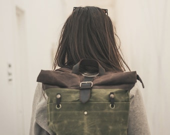 Roll Top Backpack Womens Ladies | Waxed Canvas & Leather | Green Daypack Purse Satchel Rucksack | Vintage Rustic Heritage Bags | OLDFIELD