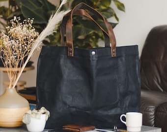 Tote Bag Leather and Waxed Canvas | Women Men | Black Reusable Shopping Shoulder Handbag | Vintage Rustic Heritage Ladies Gents | OLDFIELD