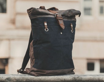 Waxed Canvas Rolltop Backpack | Mens Womens Leather Rucksack Black Roll Top Satchel | Gents Ladies Vintage Rustic Heritage Bags | OLDFIELD