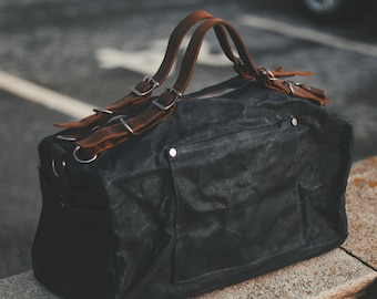 Waxed Canvas & Leather Duffle Bag Weekender | Men Women Holdall Black Overnight Gym Travel Vintage Bags Gents Ladies | OLDFIELD