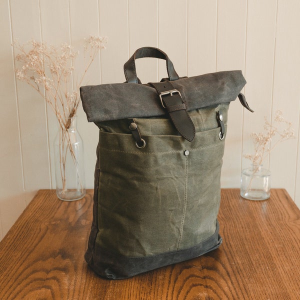 Roll Top Backpack Waxed Canvas & Leather | Men Women Rucksack Rolltop Green Cycling Bag Daypack | Vintage Rustic Heritage Bags | OLDFIELD