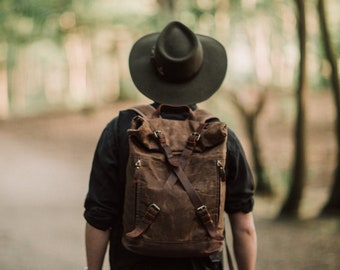 Mens Backpack Waxed Canvas & Leather Roll Top | Brown Wax Cotton Laptop Bag Rucksack Womens Satchel | Vintage Rustic Heritage | OLDFIELD
