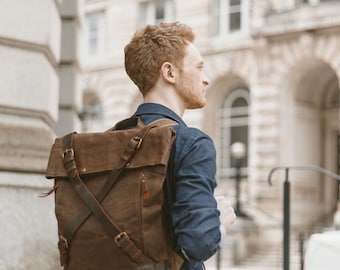 Mens Backpack Waxed Canvas Leather Roll Top Brown Wax Cotton