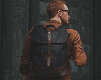 Backpack Waxed Cotton Canvas & Leather Black Top Load Flap Hood Daypack Rucksack Bag | Vintage Rustic Heritage Bags for Men Women | OLDFIELD