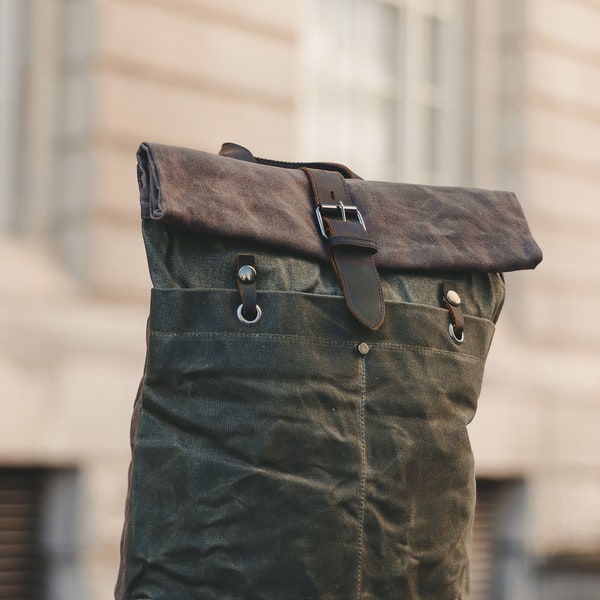 Gewaxte canvas rugzak met roll-top leren details | Groene canvas rugzak voor heren dames | Rolltop Vintage Rustieke Heritage Tas | OUD VELD