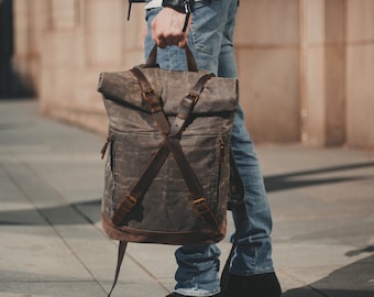 Roll-Top-Rucksack aus gewachstem Baumwoll-Canvas und Leder | Graue Rucksack-Rolltop-Tasche | Rustikale Vintage-Heritage-Taschen für Männer und Frauen | OLDFIELD
