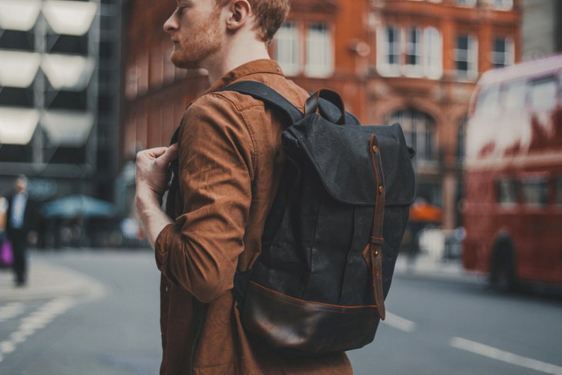 Backpack Waxed Cotton Canvas & Leather Black Top Load Flap | Etsy