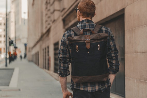 Waxed Canvas Backpack Roll Top Leather Details Green Canvas 