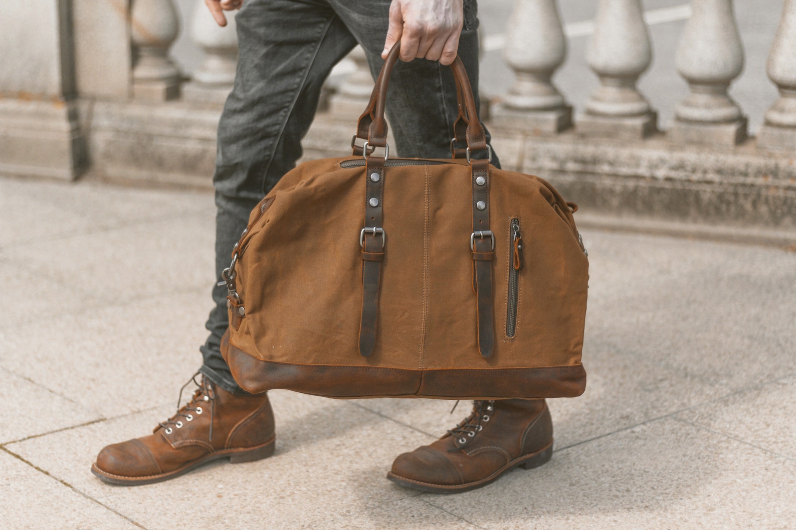 Duffle Bag Waxed Canvas & Leather Weekender Mens Womens Brown Holdall