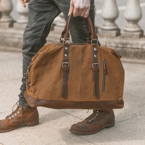 Duffle Bag Waxed Canvas & Leather Weekender Mens Womens Brown Holdall ...