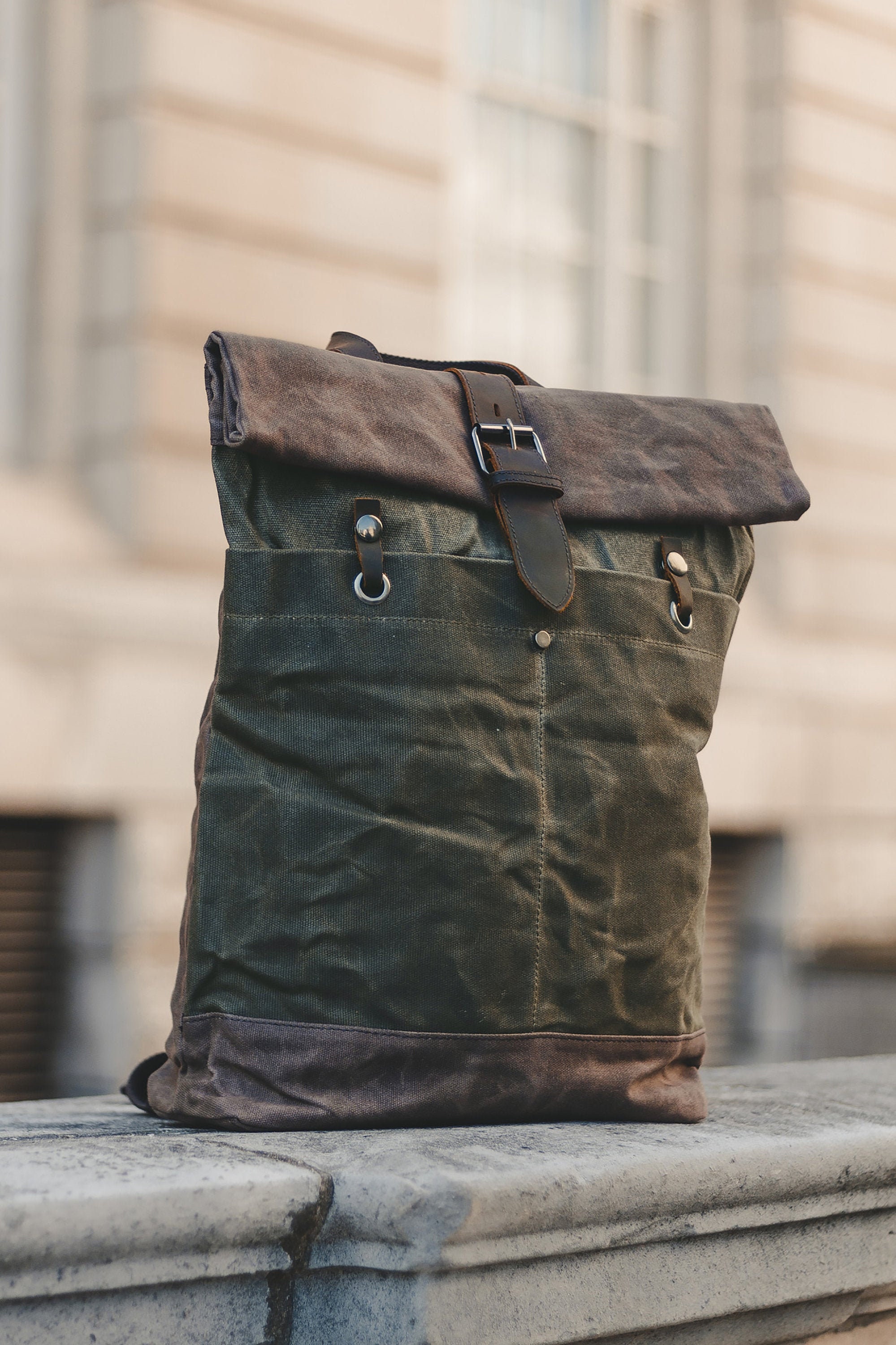 Waxed Canvas Backpack Roll Top Leather Details Green Canvas - Etsy