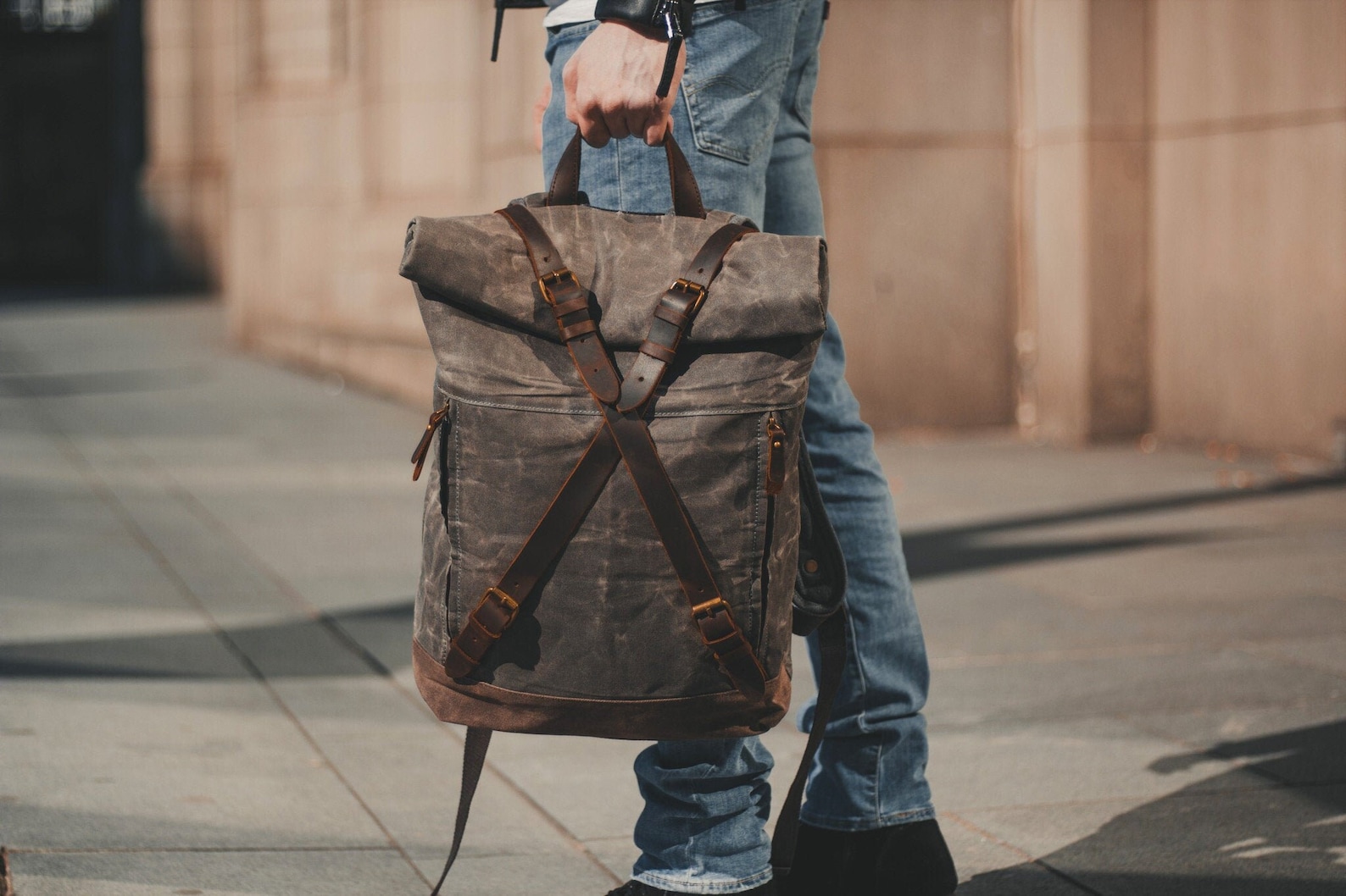 Roll Top Backpack Waxed Cotton Canvas & Leather Grey Rucksack Rolltop ...