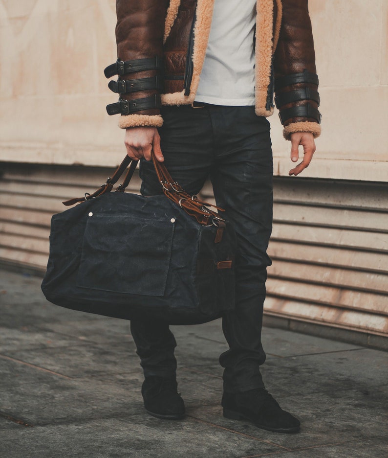 Duffle Bag Weekender Waxed Canvas & Leather Mens Womens Black Oilskin