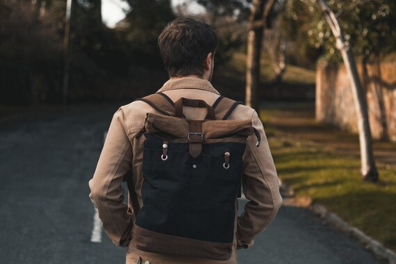 Gewachste Canvas Rucksack & Leder Detail Schwarzer Rucksack - Etsy Schweiz