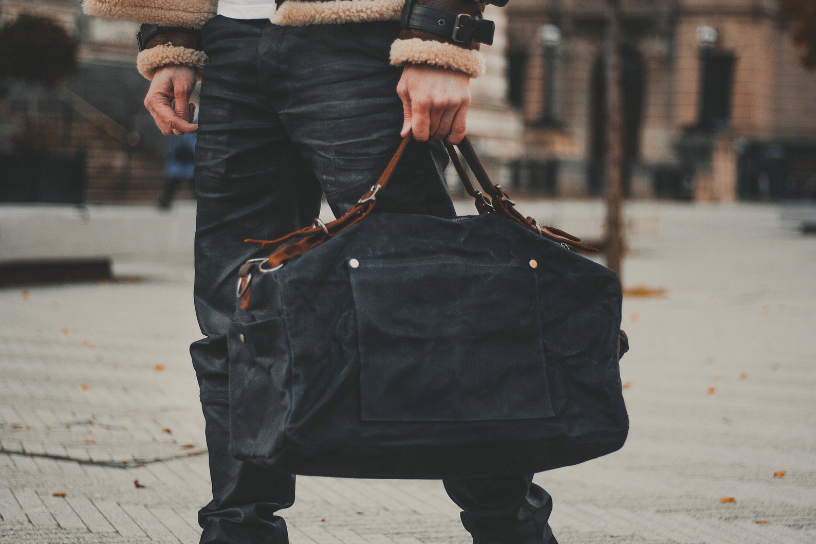 Duffle Bag Weekender Waxed Canvas & Leather Mens Womens Black Oilskin