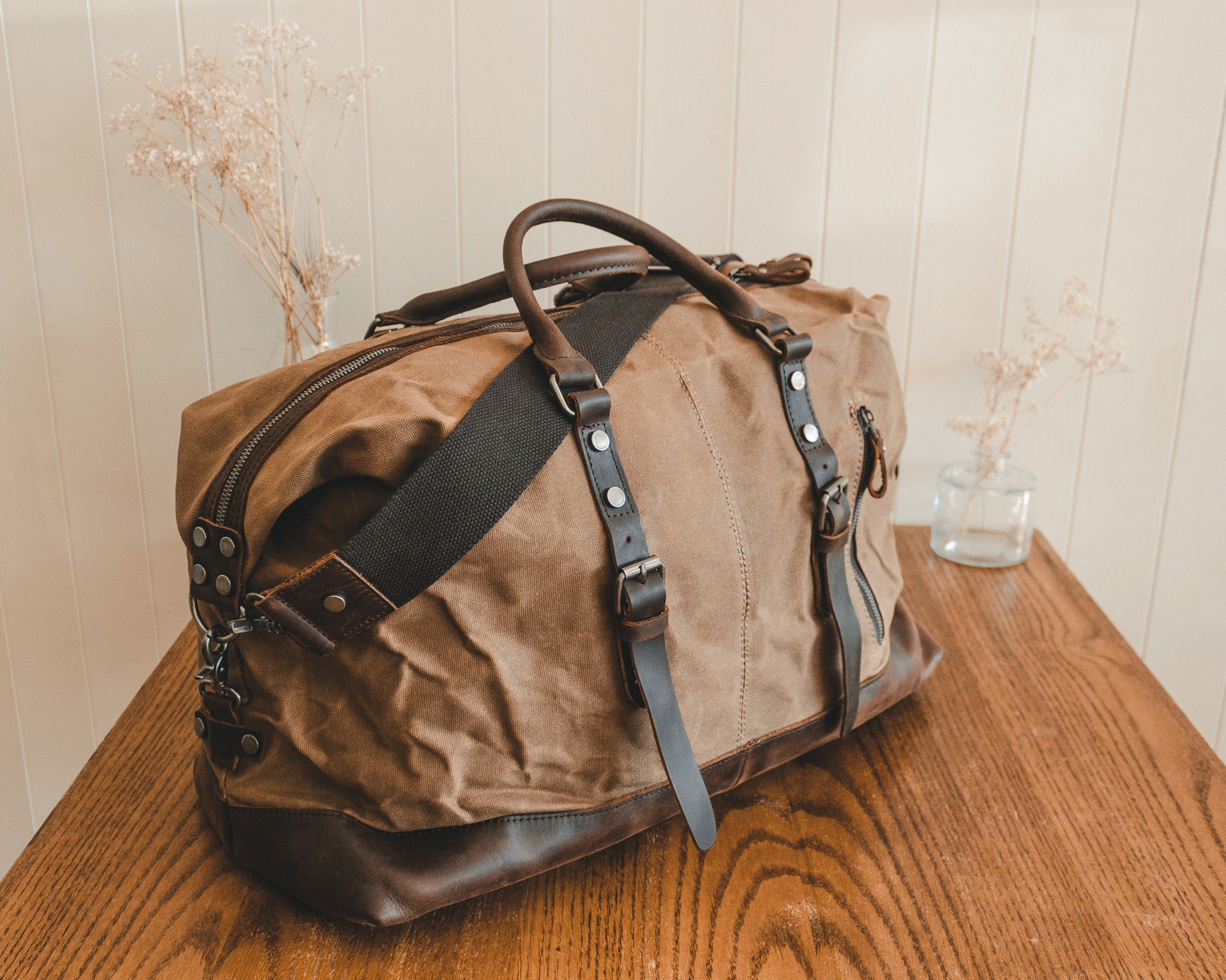 Duffle Bag Waxed Canvas & Leather Weekender Mens Womens Brown Holdall ...