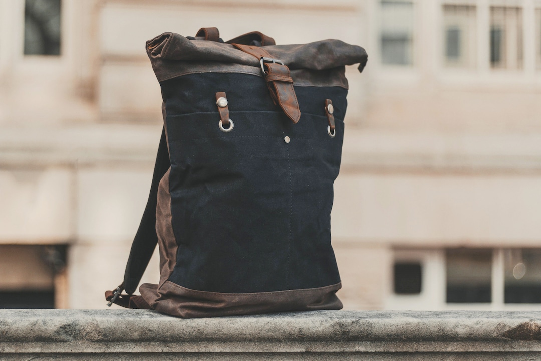 Waxed Canvas Rolltop Backpack | Mens Womens Leather Rucksack  display picture 1