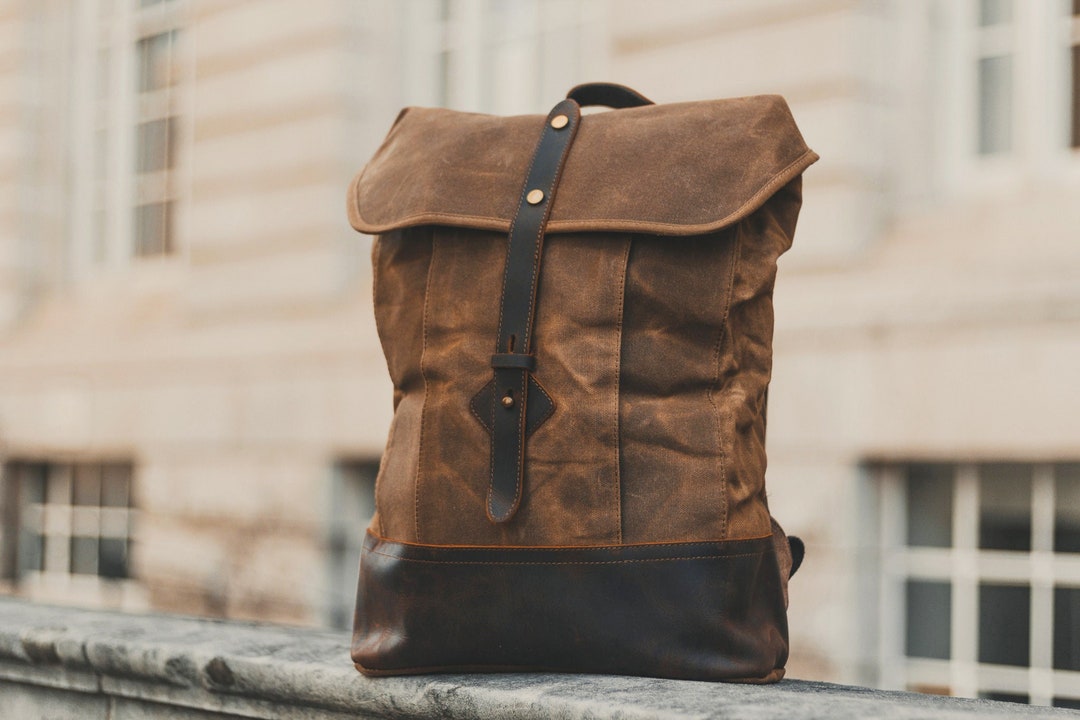 Waxed Canvas & Leather Backpack | Brown Weatherproof Oilskin Daypack ...