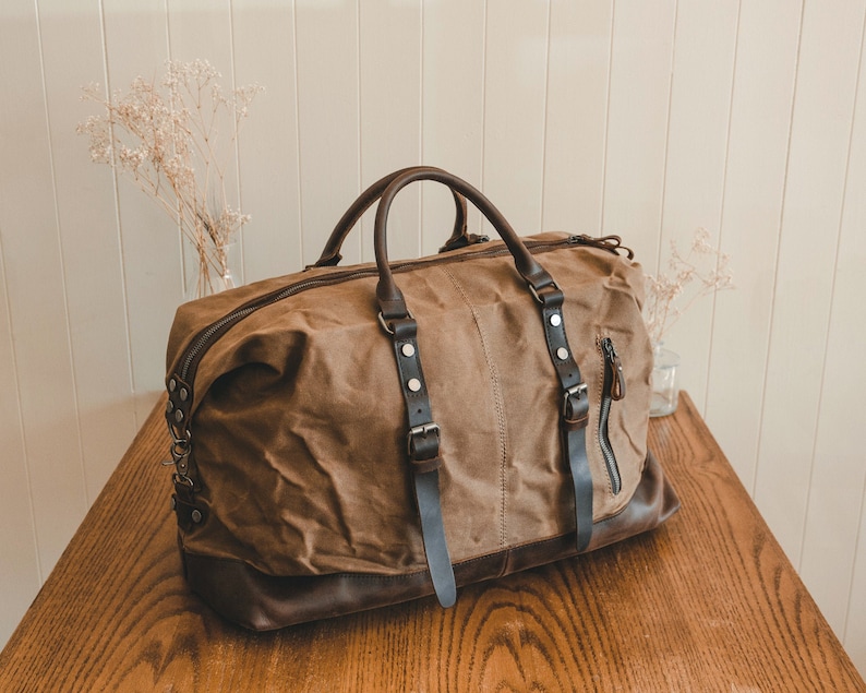 Duffle Bag Waxed Canvas & Leather Weekender Mens Womens Brown Holdall