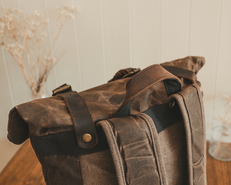 Waxed Canvas Backpack Roll Top Mens Womens Brown Wax Cotton Etsy UK